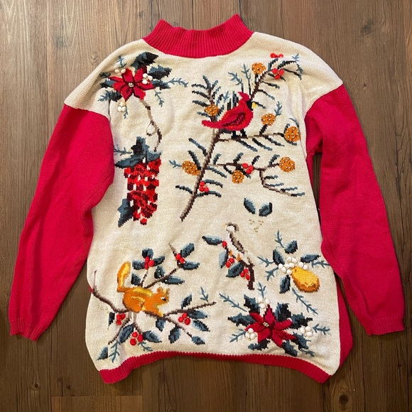 Source Unknown Sweaters - Floral Embroidered Sweater - Red and Cream
